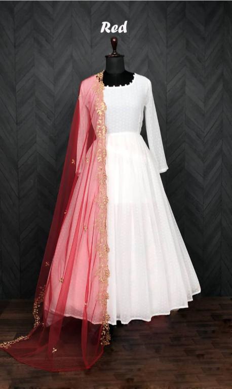 Jyoti Fashion Women's White Faux Georgette Butti work Anarkali Dress with Dupatta | Swadesiicart