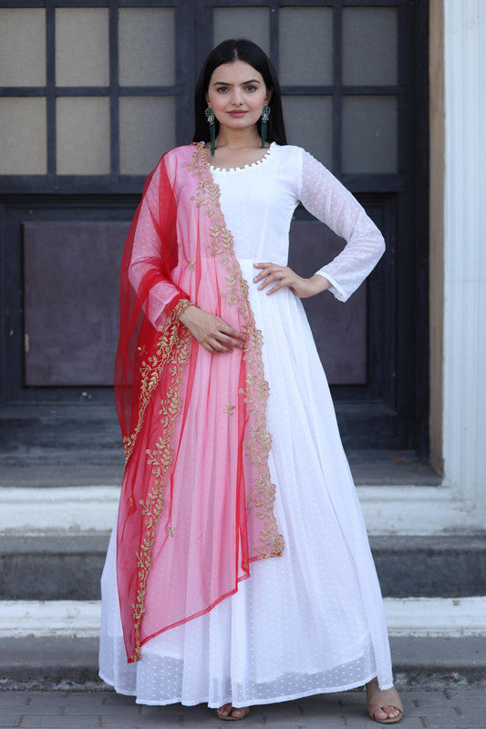 Jyoti Fashion Women's White Faux Georgette Butti work Anarkali Dress with Dupatta | Swadesiicart