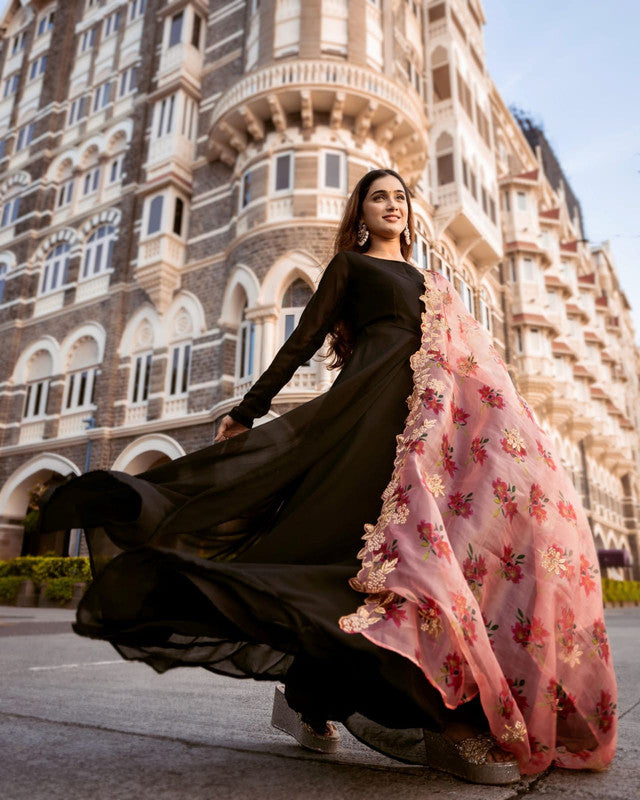 Jyoti Fashion Women's Black Faux Blooming Partywear Anarkali Dress with Dupatta | Swadesiicart