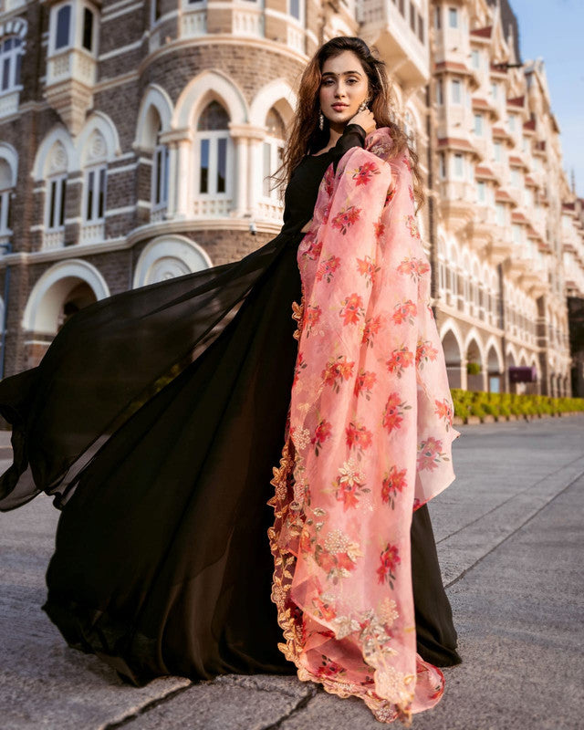 Jyoti Fashion Women's Black Faux Blooming Partywear Anarkali Dress with Dupatta | Swadesiicart