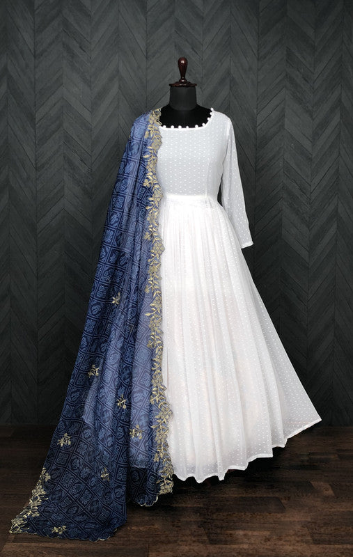 Jyoti Fashion Women's White Georgette Butti work Partywear Anarkali Dress with Dupatta | Swadesiicart