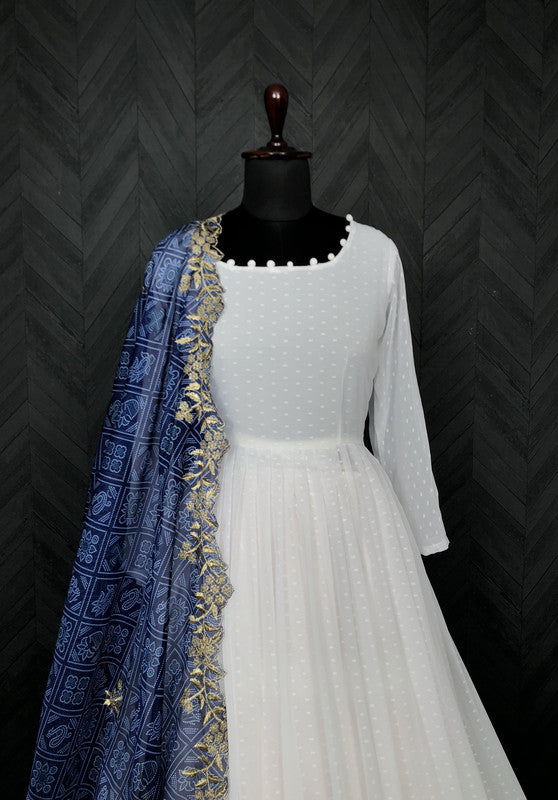 Jyoti Fashion Women's White Georgette Butti work Partywear Anarkali Dress with Dupatta | Swadesiicart