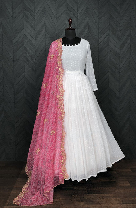 Jyoti Fashion Women's White Georgette Butti work Partywear Anarkali Dress with Pink Dupatta | Swadesiicart