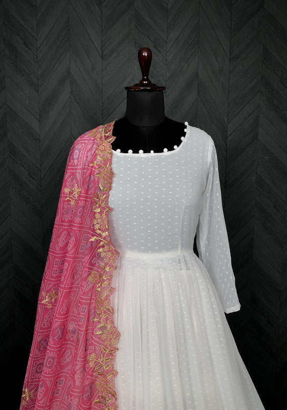 Jyoti Fashion Women's White Georgette Butti work Partywear Anarkali Dress with Pink Dupatta | Swadesiicart