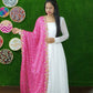 Jyoti Fashion Women's White Georgette Butti work Partywear Anarkali Dress with Pink Dupatta | Swadesiicart