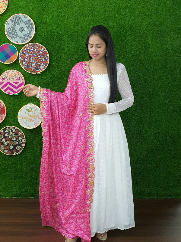 Jyoti Fashion Women's White Georgette Butti work Partywear Anarkali Dress with Pink Dupatta | Swadesiicart