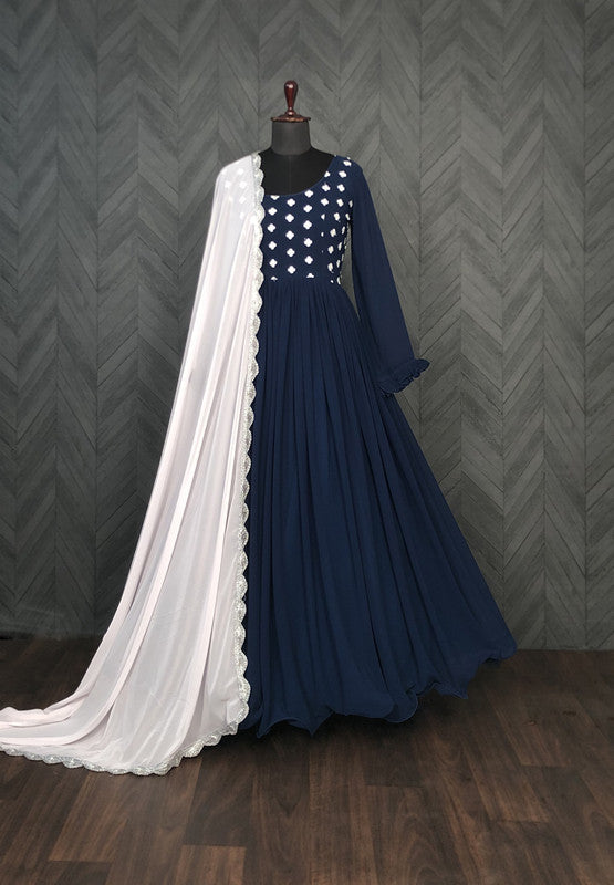 Jyoti Fashion Women's Navy Blue Faux Blooming Thread Embroidery Partywear Anarkali Dress with Dupatta | Swadesiicart