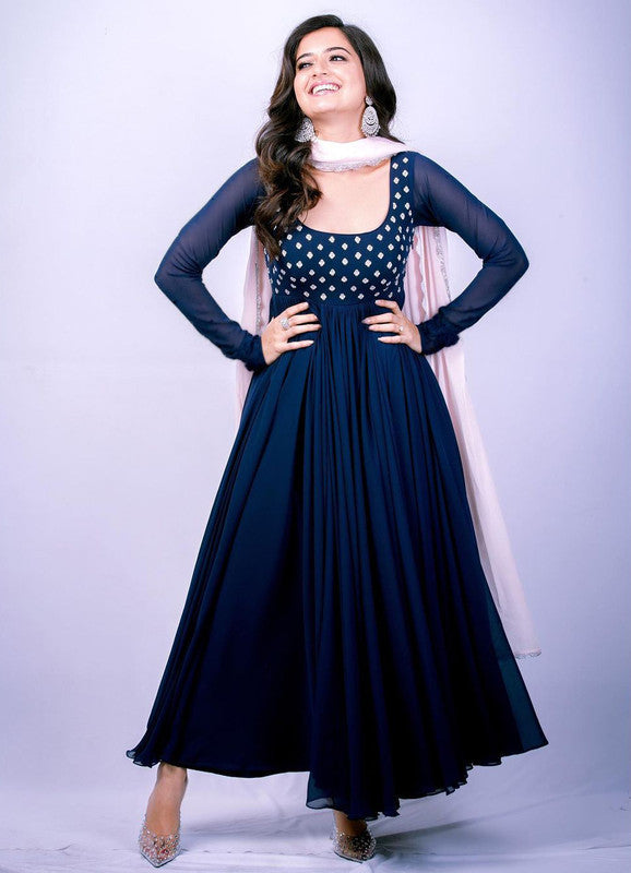 Jyoti Fashion Women's Navy Blue Faux Blooming Thread Embroidery Partywear Anarkali Dress with Dupatta | Swadesiicart