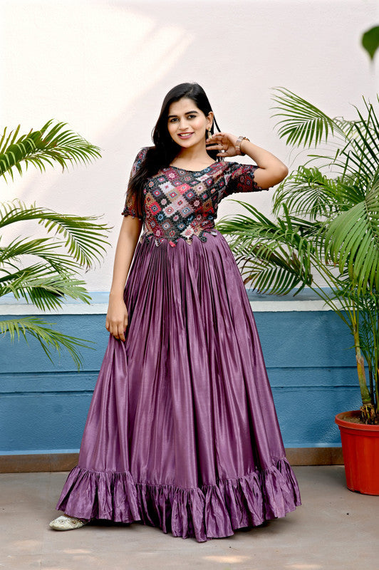 Jyoti Fashion Women's Purple Sequins Work Chinon Partywear Anarkali Dress | Swadesiicart