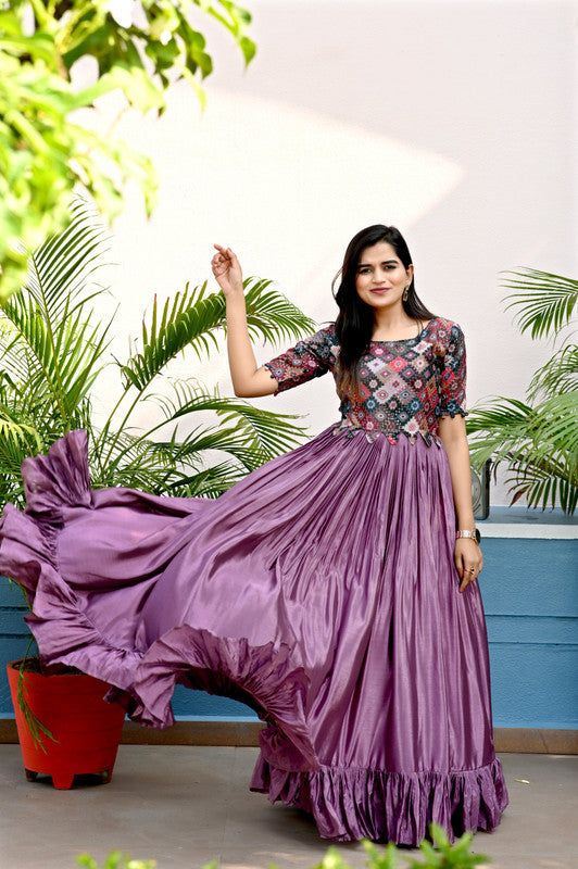 Jyoti Fashion Women's Purple Sequins Work Chinon Partywear Anarkali Dress | Swadesiicart