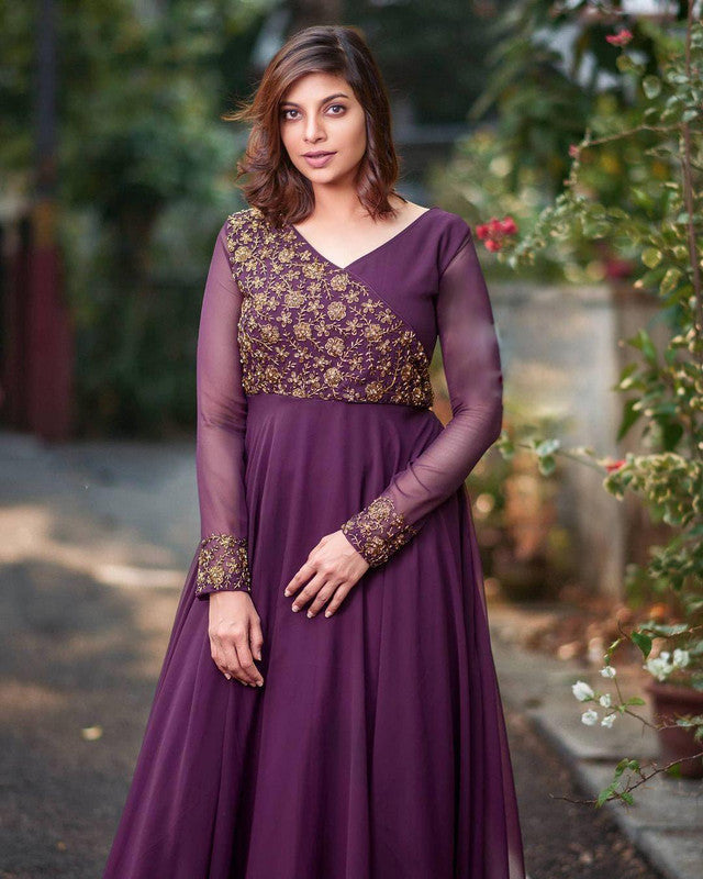 Jyoti Fashion Women's Wine Faux Blooming Sequins Embroidered Partywear Anarkali Dress | Swadesiicart