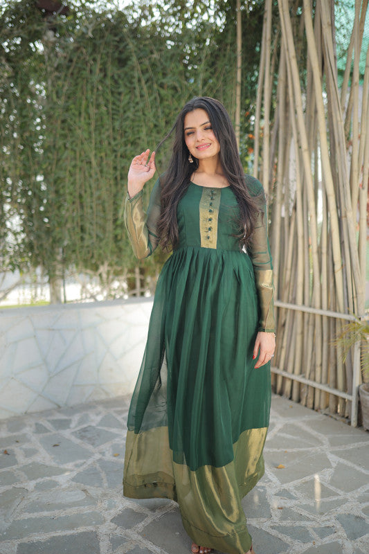 Jyoti Fashion Women's Green Chiffon Zari Woven Festive Anarkali Dress | Swadesiicart