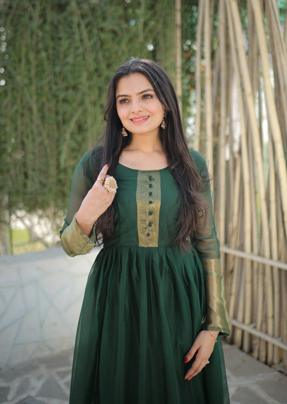 Jyoti Fashion Women's Green Chiffon Zari Woven Festive Anarkali Dress | Swadesiicart