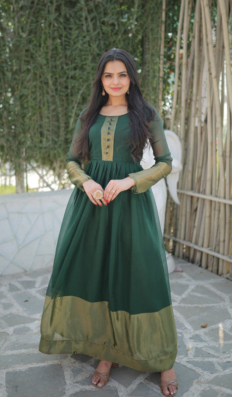 Jyoti Fashion Women's Green Chiffon Zari Woven Festive Anarkali Dress | Swadesiicart