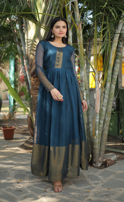 Jyoti Fashion Women's Blue Chiffon Zari Woven Festive Anarkali Dress | Swadesiicart
