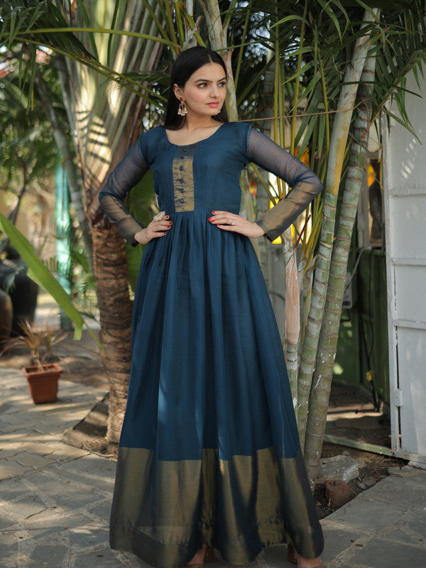 Jyoti Fashion Women's Blue Chiffon Zari Woven Festive Anarkali Dress | Swadesiicart