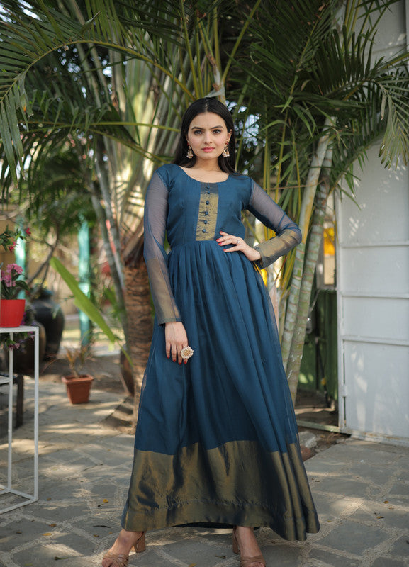 Jyoti Fashion Women's Blue Chiffon Zari Woven Festive Anarkali Dress | Swadesiicart