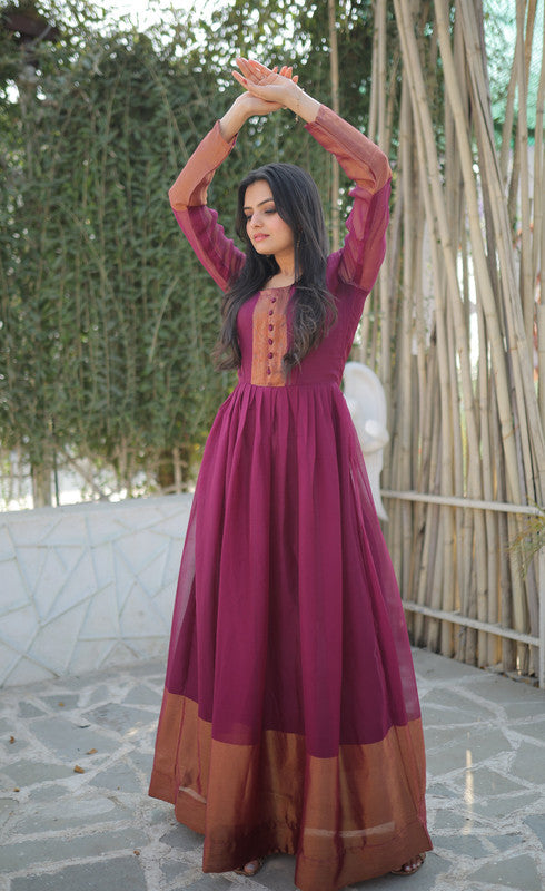 Jyoti Fashion Women's Wine Chiffon Zari Woven Festive Anarkali Dress | Swadesiicart