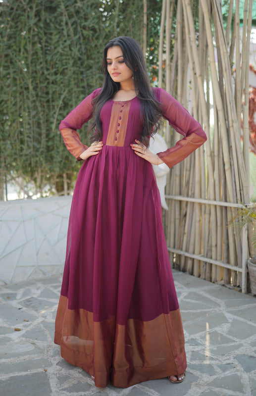 Jyoti Fashion Women's Wine Chiffon Zari Woven Festive Anarkali Dress | Swadesiicart