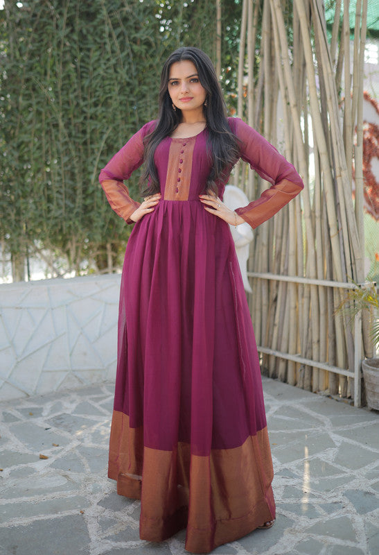 Jyoti Fashion Women's Wine Chiffon Zari Woven Festive Anarkali Dress | Swadesiicart