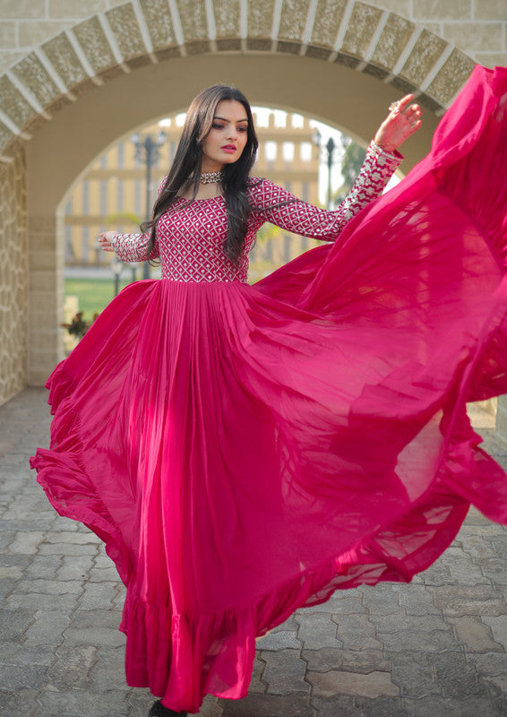 Jyoti Fashion Women's Pink Faux Blooming Sequins with Zari Embroidered Anarkali Dress | Swadesiicart