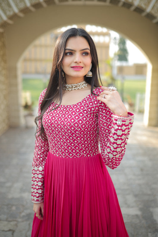 Jyoti Fashion Women's Pink Faux Blooming Sequins with Zari Embroidered Anarkali Dress | Swadesiicart