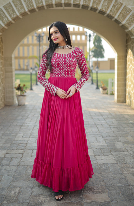 Jyoti Fashion Women's Pink Faux Blooming Sequins with Zari Embroidered Anarkali Dress | Swadesiicart