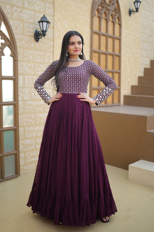 Jyoti Fashion Women's Wine Faux Blooming Sequins with Zari Embroidered Anarkali Dress | Swadesiicart