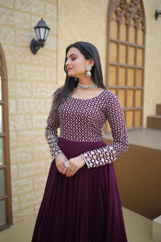 Jyoti Fashion Women's Wine Faux Blooming Sequins with Zari Embroidered Anarkali Dress | Swadesiicart
