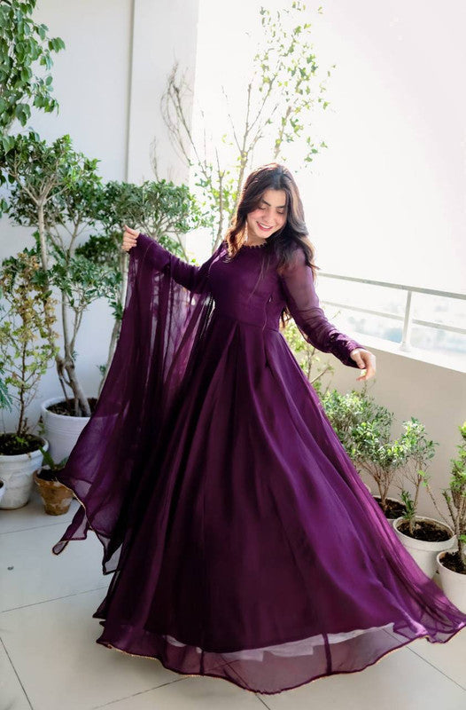Jyoti Fashion Women's Wine Faux Blooming Sequins Embroidery Partywear Anarkali Dress with Dupatta | Swadesiicart