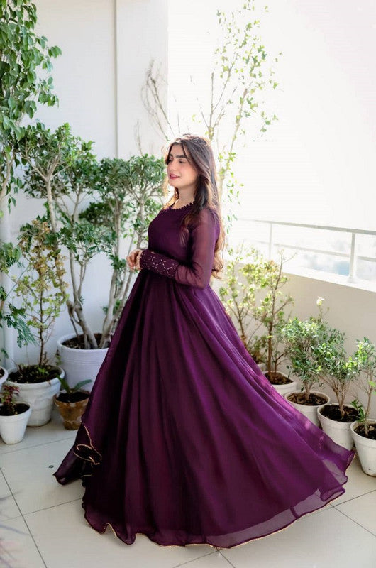 Jyoti Fashion Women's Wine Faux Blooming Sequins Embroidery Partywear Anarkali Dress with Dupatta | Swadesiicart