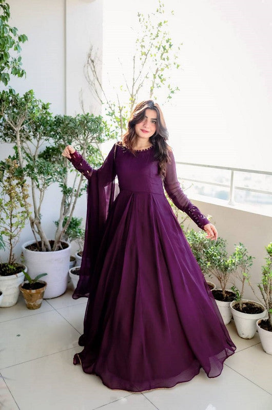 Jyoti Fashion Women's Wine Faux Blooming Sequins Embroidery Partywear Anarkali Dress with Dupatta | Swadesiicart