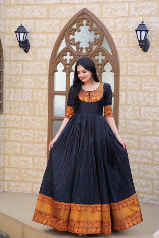 Jyoti Fashion Women's Black Silk Jacquard Weaving Festive Anarkali Dress | Swadesiicart