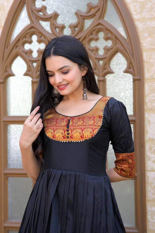 Jyoti Fashion Women's Black Silk Jacquard Weaving Festive Anarkali Dress | Swadesiicart
