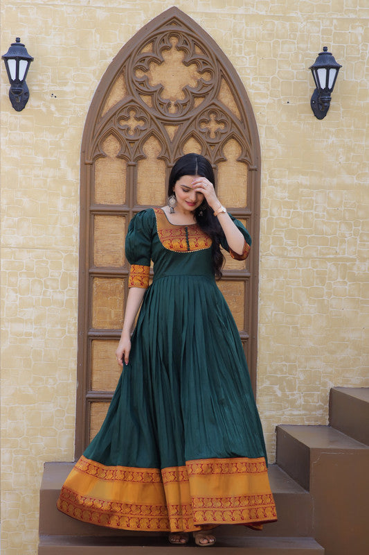 Jyoti Fashion Women's Green Silk Jacquard Weaving Festive Anarkali Dress | Swadesiicart
