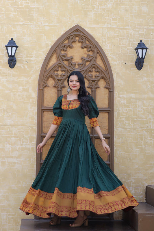 Jyoti Fashion Women's Green Silk Jacquard Weaving Festive Anarkali Dress | Swadesiicart