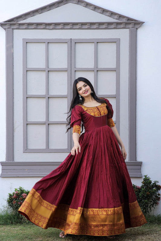 Jyoti Fashion Women's Maroon Silk Jacquard Weaving Festive Anarkali Dress | Swadesiicart