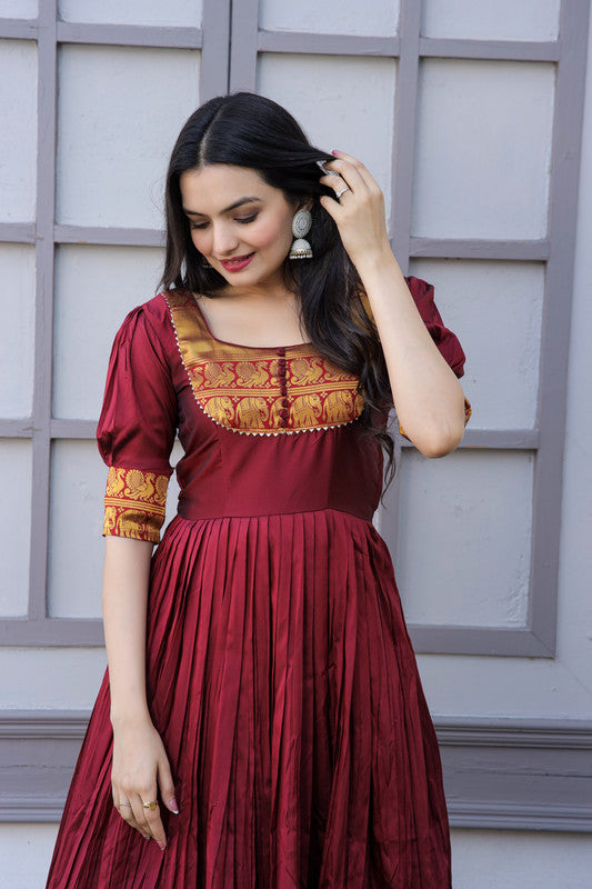 Jyoti Fashion Women's Maroon Silk Jacquard Weaving Festive Anarkali Dress | Swadesiicart