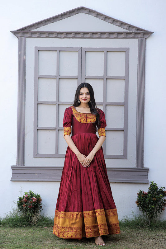 Jyoti Fashion Women's Maroon Silk Jacquard Weaving Festive Anarkali Dress | Swadesiicart