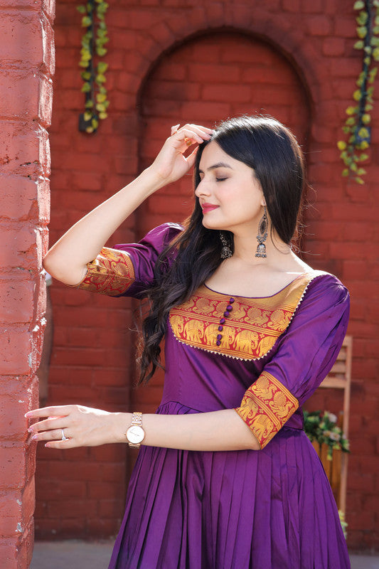 Jyoti Fashion Women's Purple Silk Jacquard Weaving Festive Anarkali Dress | Swadesiicart