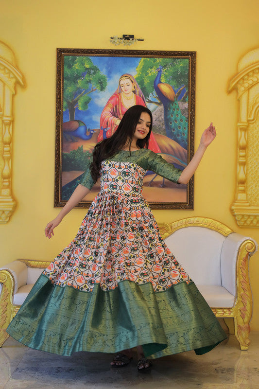 Jyoti Fashion Women's Green Soft Silk Patola Print with Jacquard Weaving Work Anarkali Dress | Swadesiicart