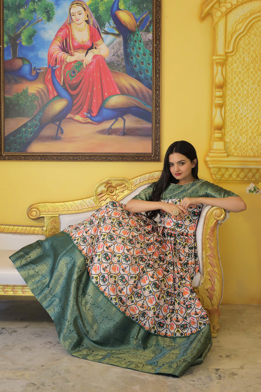 Jyoti Fashion Women's Green Soft Silk Patola Print with Jacquard Weaving Work Anarkali Dress | Swadesiicart
