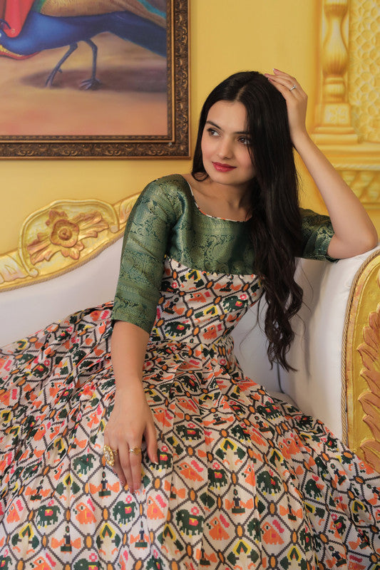 Jyoti Fashion Women's Green Soft Silk Patola Print with Jacquard Weaving Work Anarkali Dress | Swadesiicart