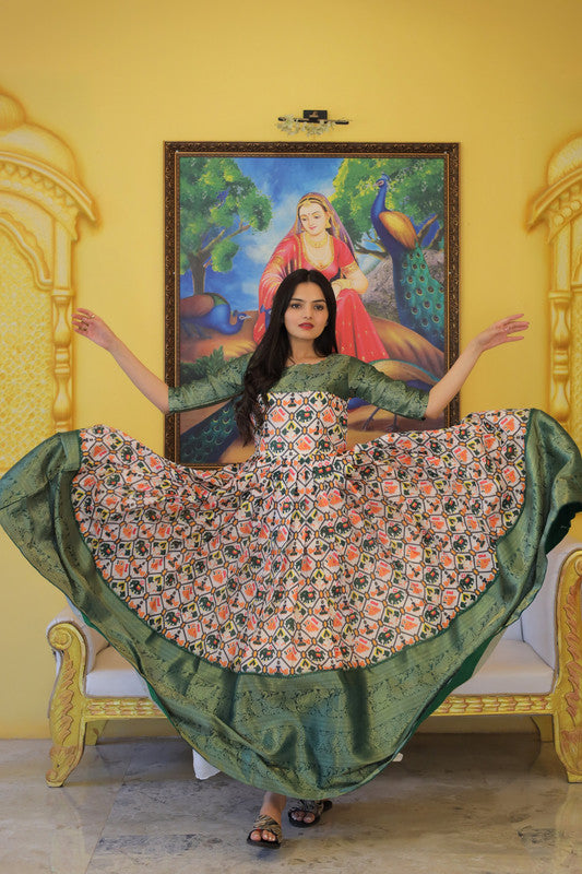 Jyoti Fashion Women's Green Soft Silk Patola Print with Jacquard Weaving Work Anarkali Dress | Swadesiicart