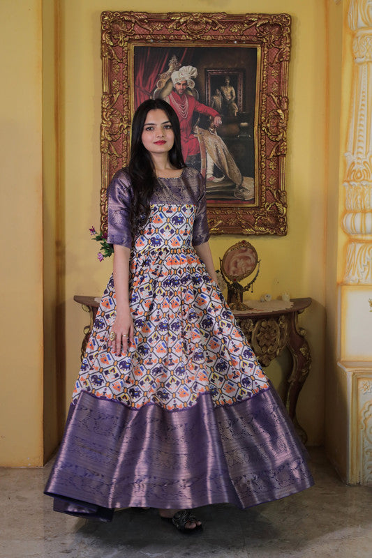 Jyoti Fashion Women's Wine Soft Silk Patola Print with Jacquard Weaving Work Anarkali Dress | Swadesiicart