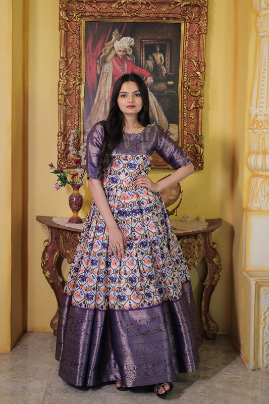 Jyoti Fashion Women's Wine Soft Silk Patola Print with Jacquard Weaving Work Anarkali Dress | Swadesiicart