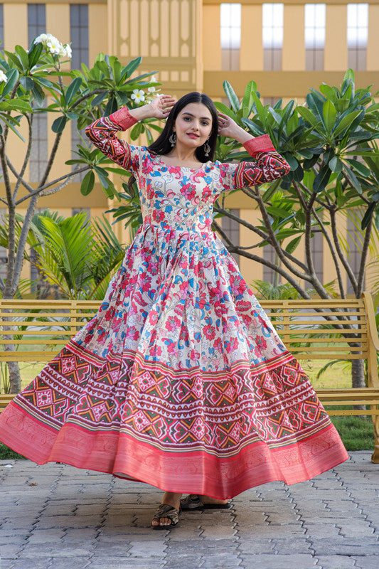 Jyoti Fashion Women's Multicolor Banarasi Silk Kalamkari Print with Jacquard Weaving Anarkali Dress | Swadesiicart