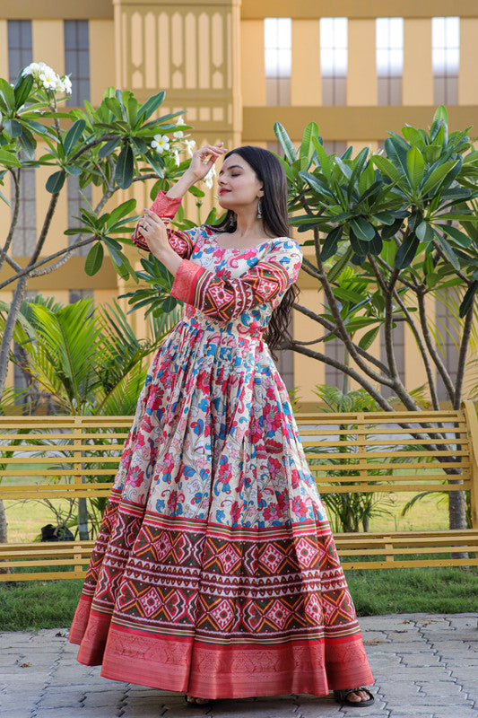 Jyoti Fashion Women's Multicolor Banarasi Silk Kalamkari Print with Jacquard Weaving Anarkali Dress | Swadesiicart