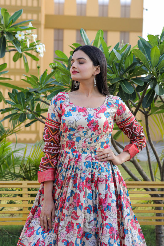 Jyoti Fashion Women's Multicolor Banarasi Silk Kalamkari Print with Jacquard Weaving Anarkali Dress | Swadesiicart