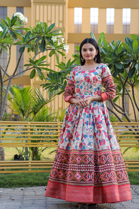 Jyoti Fashion Women's Multicolor Banarasi Silk Kalamkari Print with Jacquard Weaving Anarkali Dress | Swadesiicart